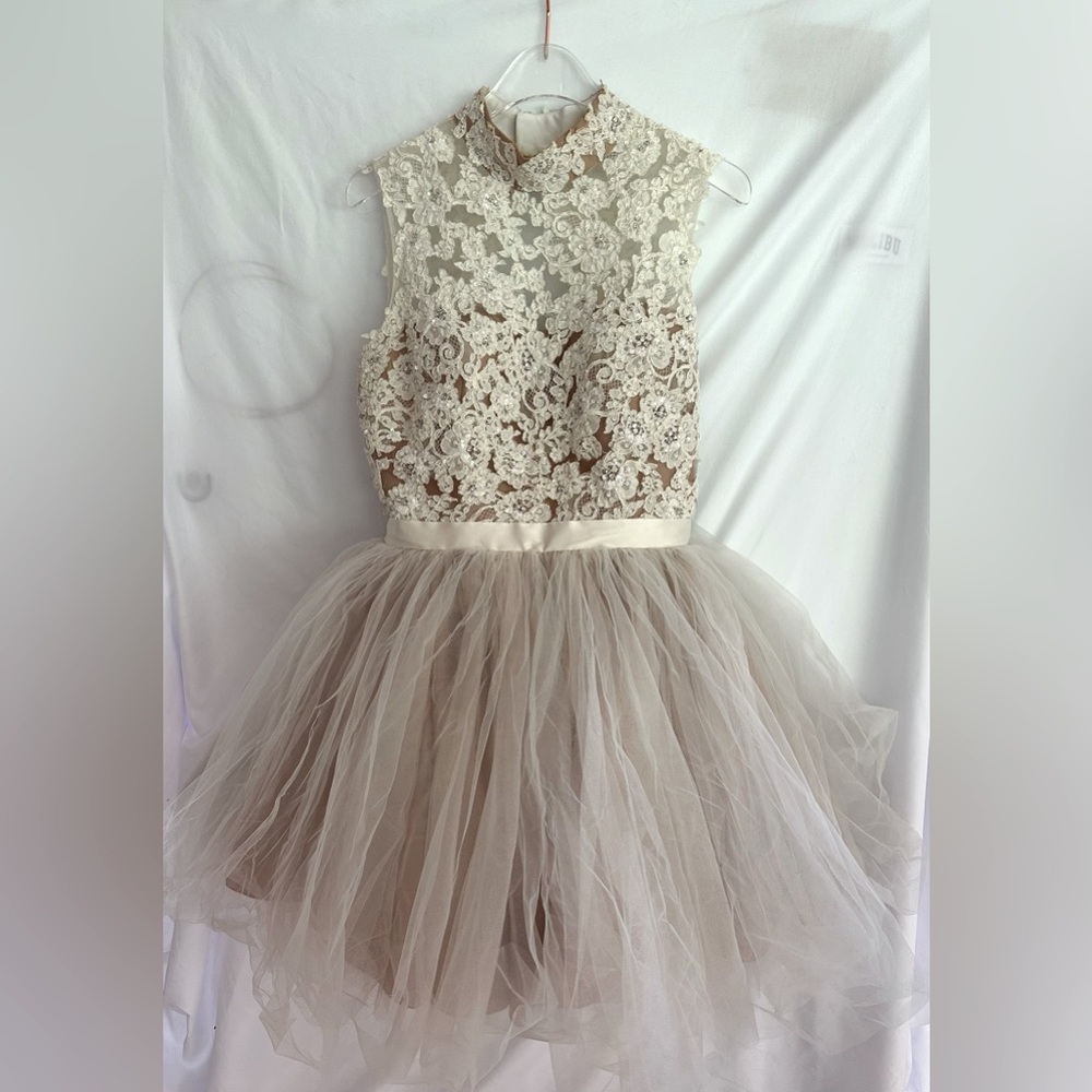 Sherri Hill, lace open back, high neck dress